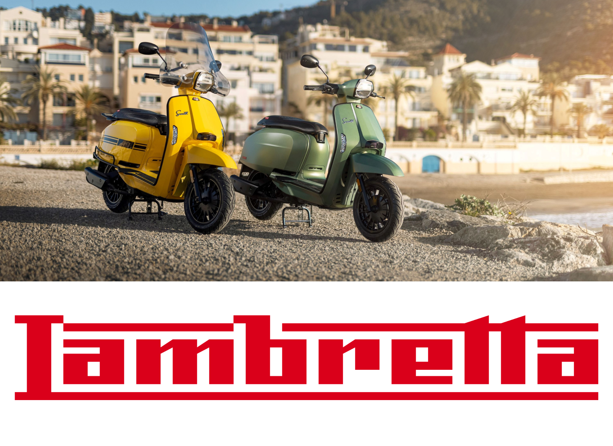 Foto einer gelben und einer grünen Lambretta und das Logo von Lambretta