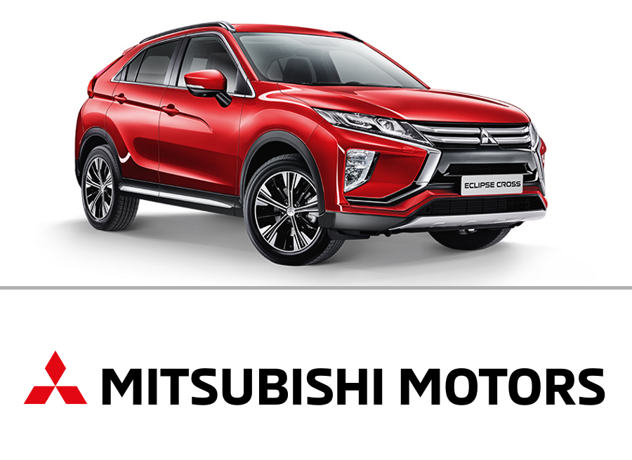 Foto eines roten Mitsubishi Eclipse und das Logo von Mitsubishi Motors.
